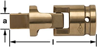 A bronze universal joint for sockets with a rotating male drive end lying left and a female socket end to the right.  The FM logo is engraved on the right side.